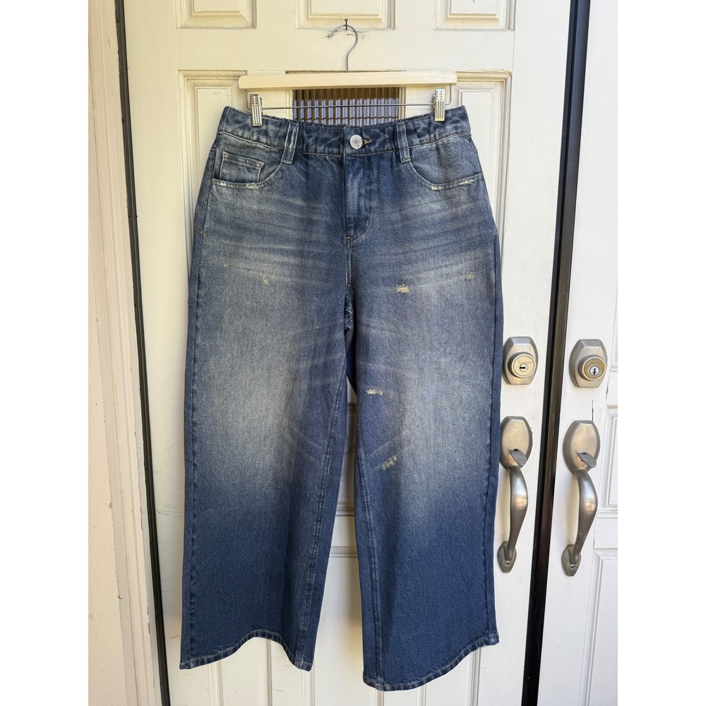 Halara Flex Denim High Waisted Wide Leg Distressed Jeans Blue Size Large Petite